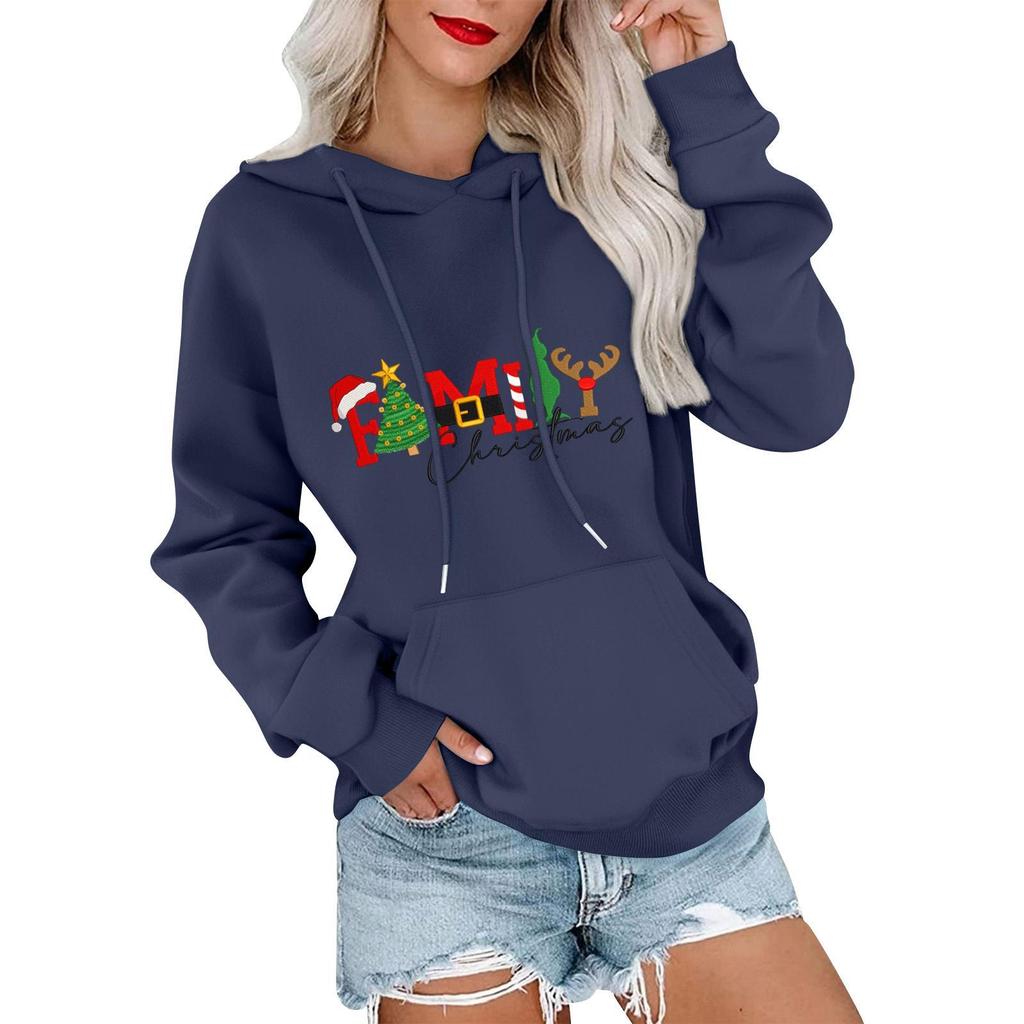 Women's Casual Comfortable Neck Hooded Long Sleeve Christmas Print Warm Sweatshirt