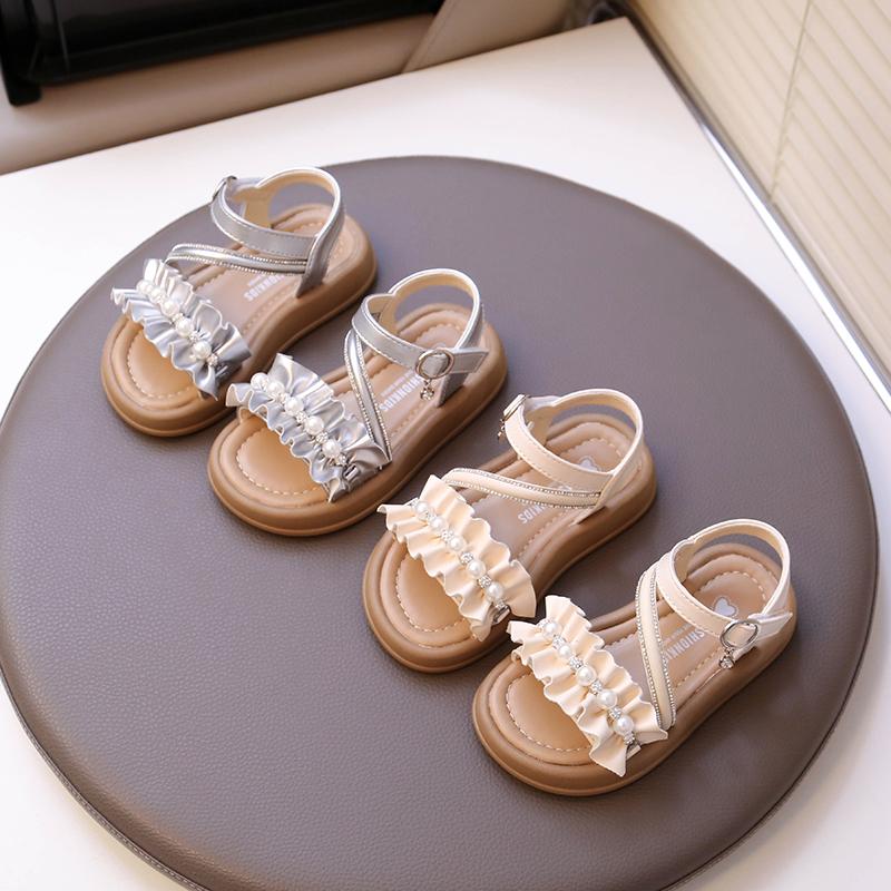 Kids Beach Shoes Open Toes Sweet Folds Children Princess Shoes Beading Elegant 2025 Summer New Girls Sandals Hook&loop