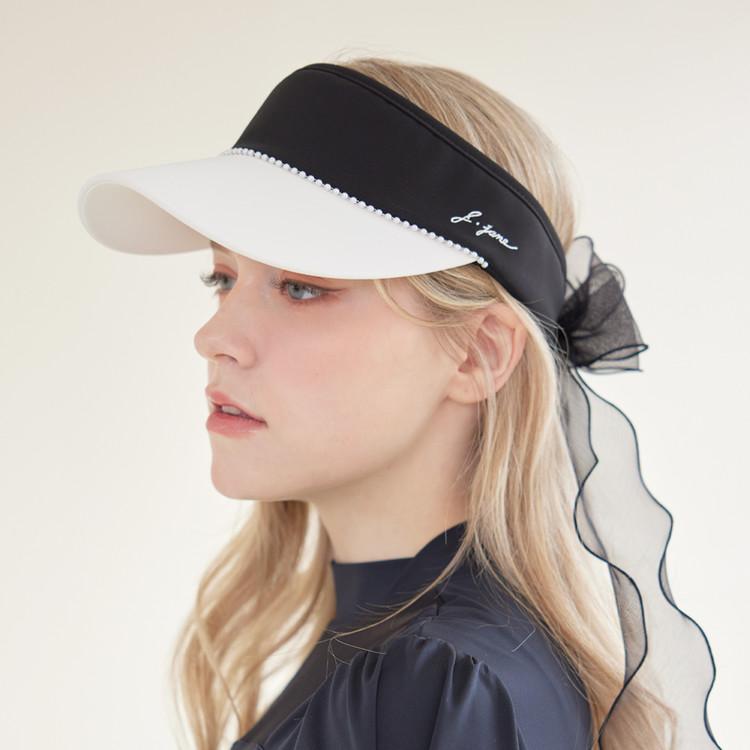 J.JANE Pearl Line Ribbon Sun Cap (White & Black)