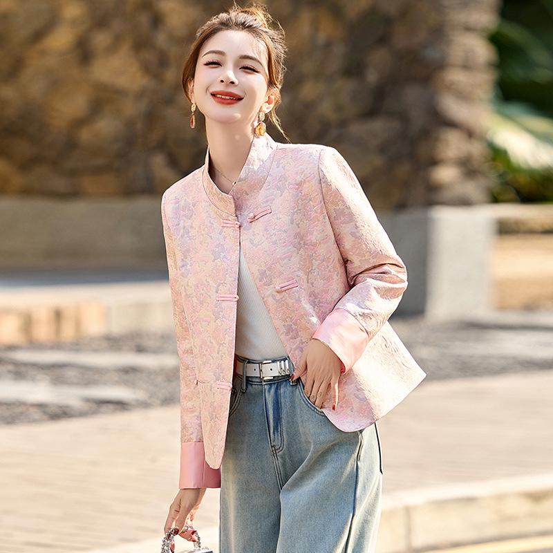 2025 Spring/Autumn Women's Chinese-Style Jacquard Coat with Frog Buttons, Stand Collar, Fashionable and Versatile (ZY8816)