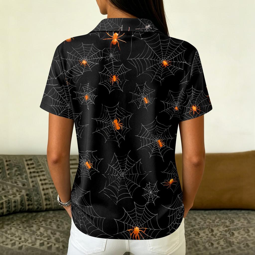Women's Casual Button Short Sleeve Collar Top with Halloween Print