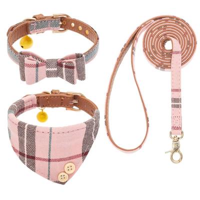 BINGPET Dog Collar Bandana Lead Set Dog Collar with Bell Dog Lead Basic Collar Check Adjustable Leather Soft Cute Stylish Ultra Light Breathable