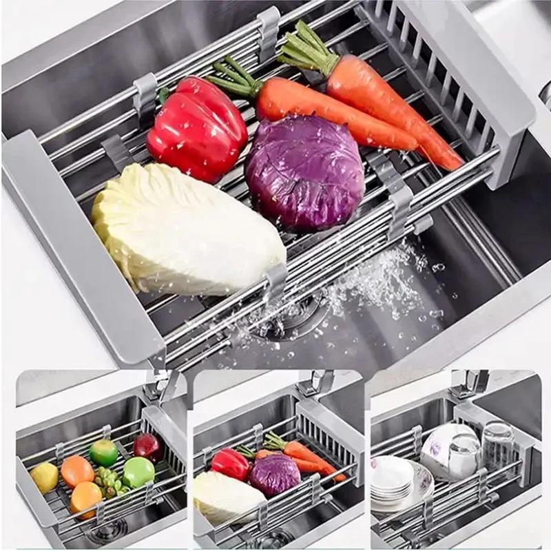 1pc Stainless Steel Retractable Vegetable Sink With Multifunctional Drainage Basket Adjustable And Expandable Kitchen Tools