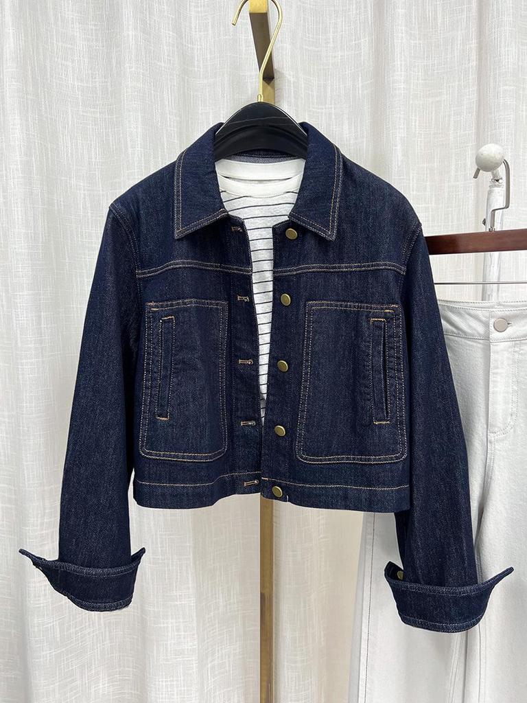 Xin Ge Women's Retro Blue Denim Jacket - Slim Fit, Drop Shoulder, Petite Short Style for Autumn