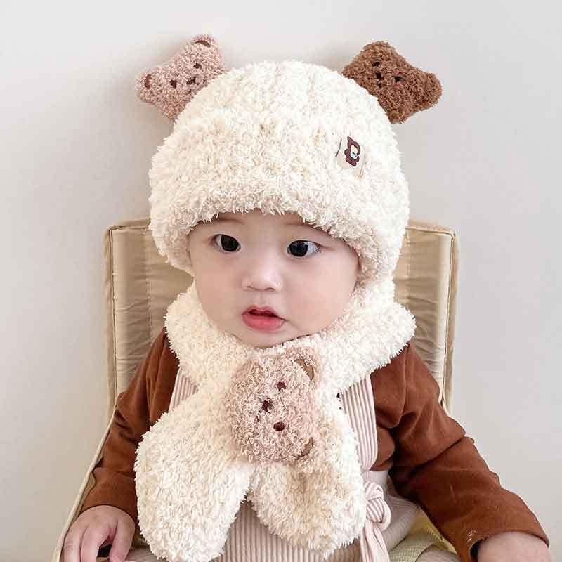 Autumn and winter baby hat scarf two-piece set super cute children's knitted tire hat bear warm ear hat