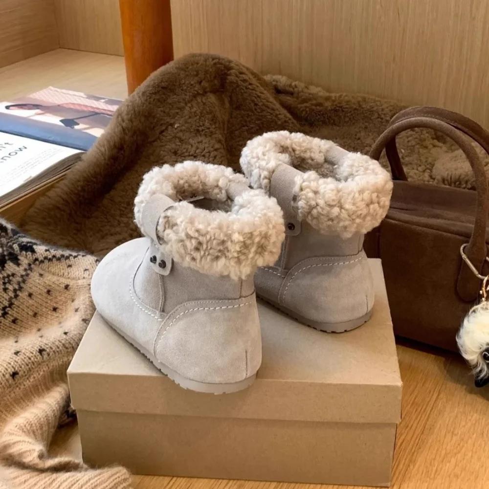 Women's Boots Faux Fur Flat Ankle Mid-Calf Cowhide Vintage Buckle Boots Cotton Shoes for Women