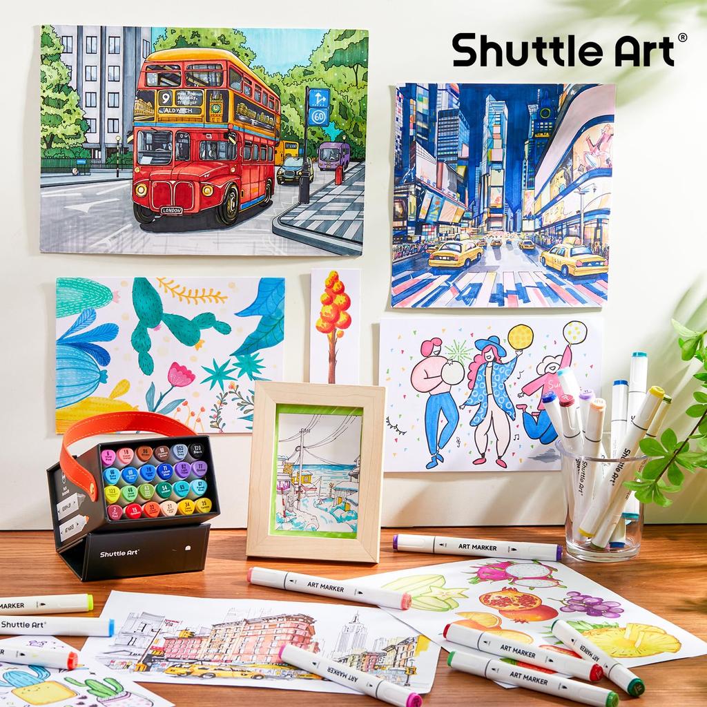 Shuttle Art Illustration Alcohol Twin Tip with Carrying Perfect for Coloring Art Adults Gift Markers, 24-Color Set, Brush-Type Markers, (Fine Tip),