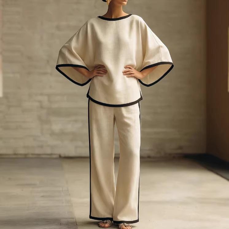 

Women 2 Piece Set Loose Long Sleeve Top and Wide Leg Pants with Contrast Trim Casual Loungewear 3XL абрикосовий