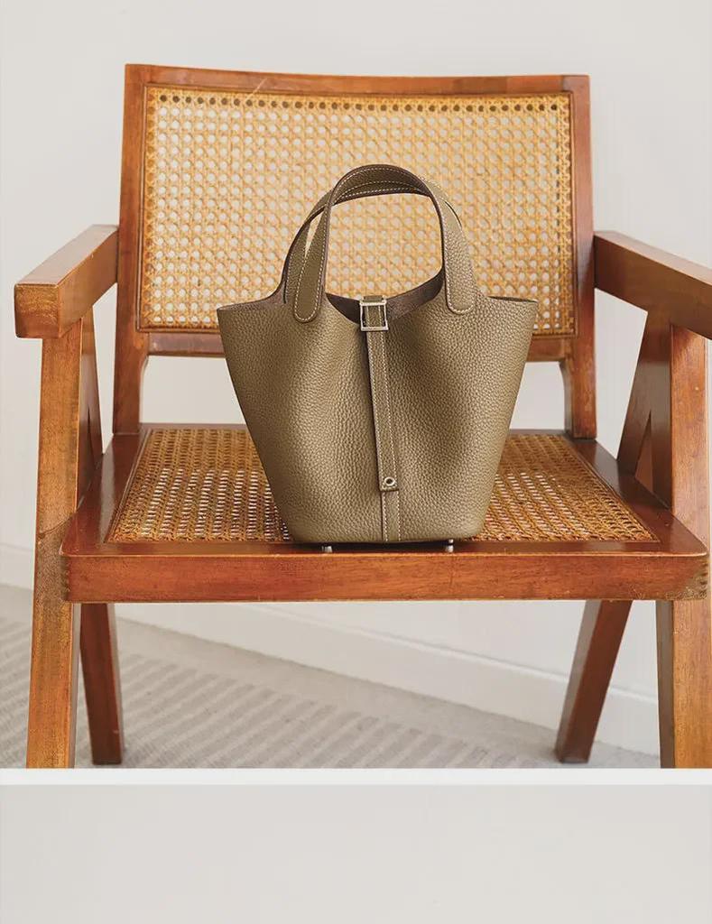 Black Genuine Leather Lychee Pattern Bucket Tote Bag for Women