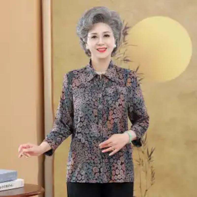 Women's Vintage Fan Print Blouse Three-Quarter Sleeve Button-Down Casual Shirt for Elderly