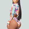 Summer Women's Print Long Sleeve Zip Print Swimwear Beachwear Bikini