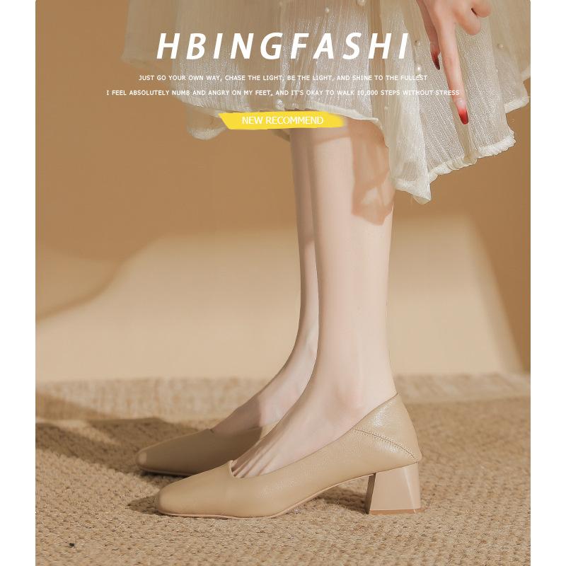Giant soft~ French leather square head soft leather single shoes versatile temperament thick heel light mouth spring and autumn shoes professional