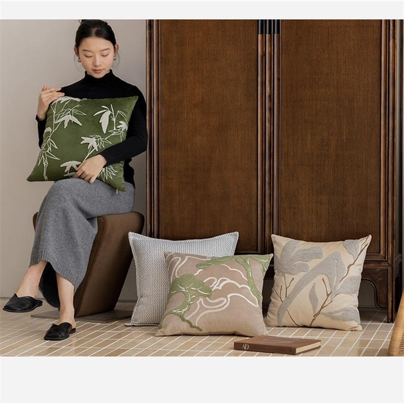 Chinese Bamboo Leaf Embroidered Pillow Cover Modern Luxury Sofa Cushion Cover Bedside Soft Pillowcase Decorative Pillowcase