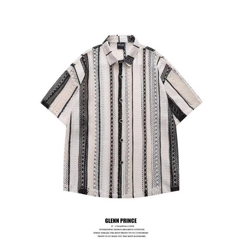 Men s Black & White Vertical Stripe Lace Short Sleeve Shirt M