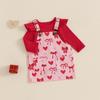 Baby Mädchen Valentinstag Outfit Einfarbig Gerippt Rüschen Langarm Strampler Herz Schleife Druck Latzkleid 2-teiliges Set