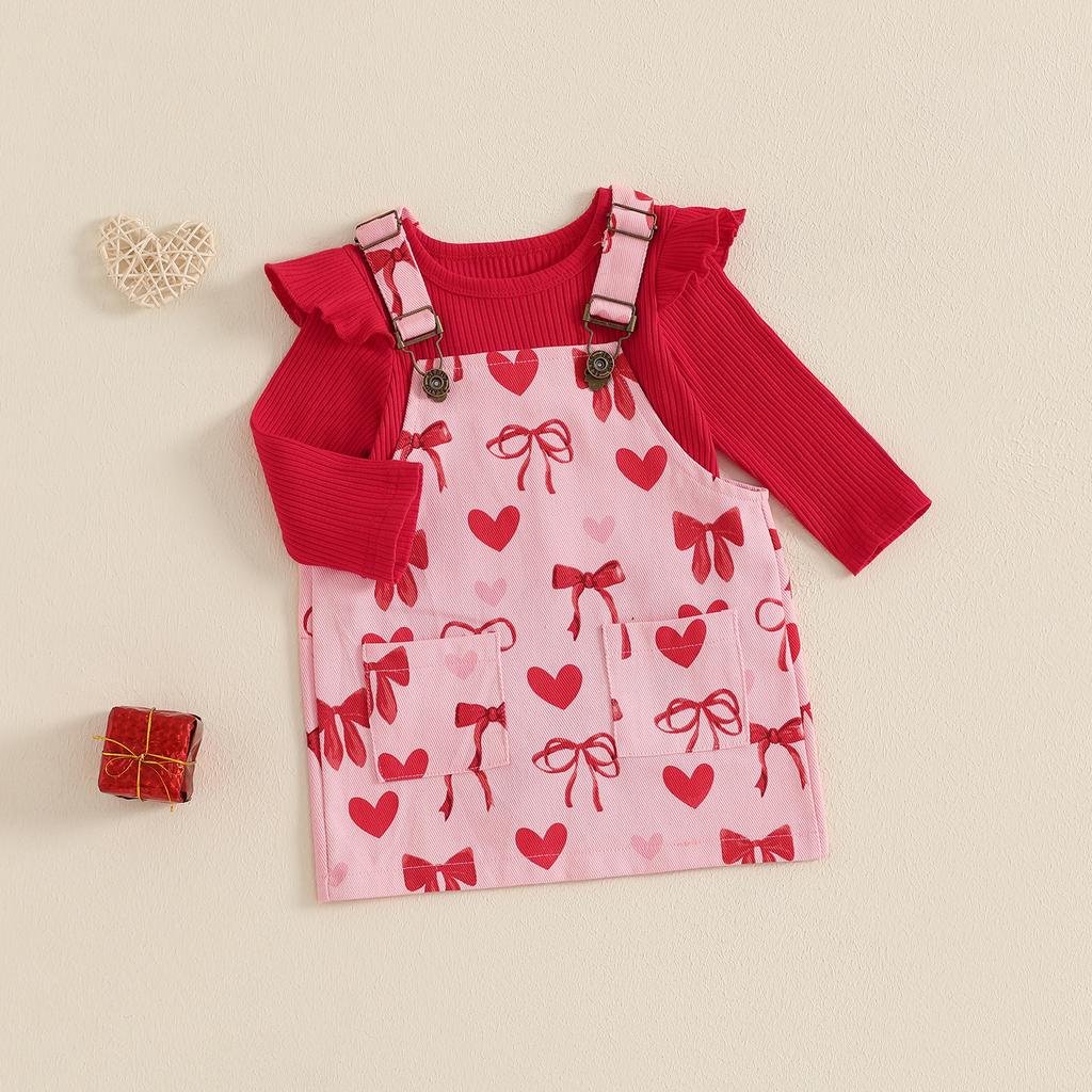 Baby Mädchen Valentinstag Outfit Einfarbig Gerippt Rüschen Langarm Strampler Herz Schleife Druck Latzkleid 2-teiliges Set
