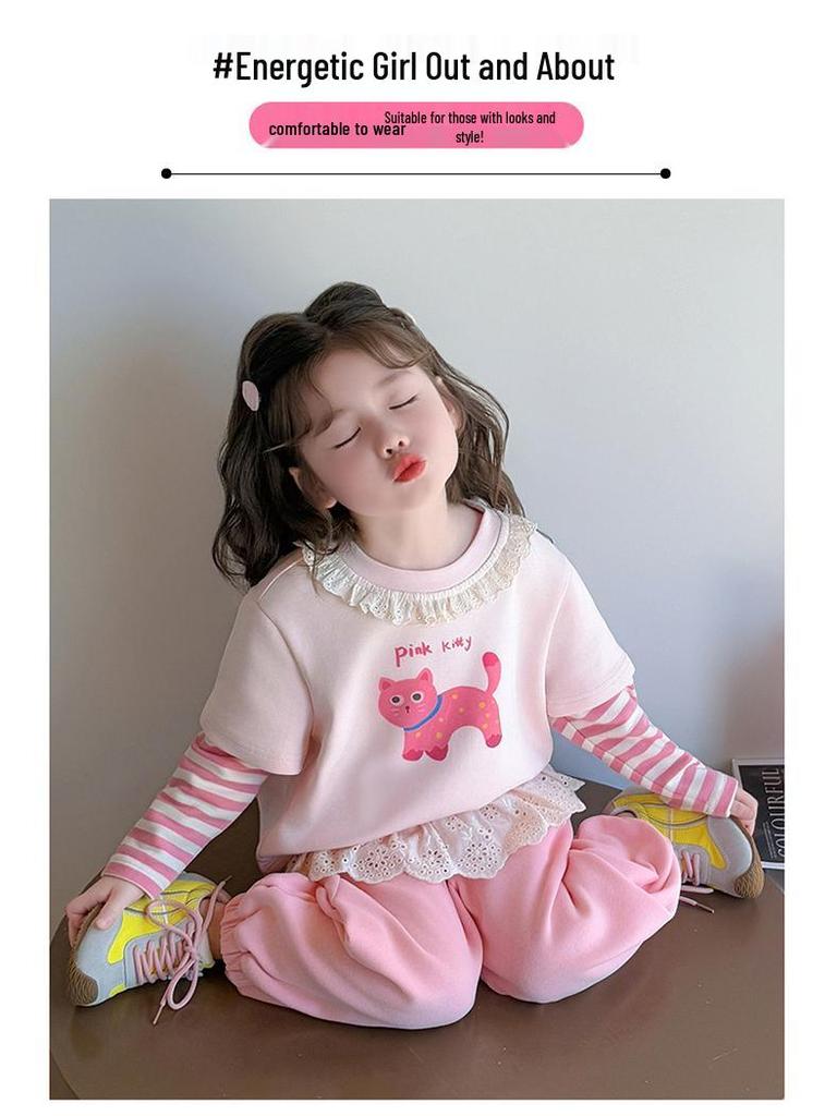 Mädchen Sweatshirt und Hose Set mit Spitzenkragen - Lässiger Frühlings-/Herbststil