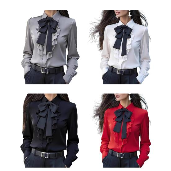 Automne Chemise Femme Revers Nœud Volants Design Manches Longues Chemise Hauts Fermeture Boutons Coupe Polyvalente Chemise Port Quotidien