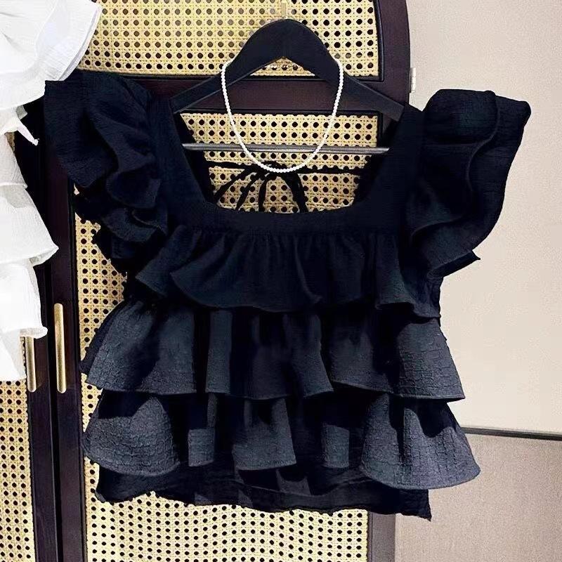 Girls' Summer Clothing New Style Solid Color Ruffled Sleeve Square-Neck Shirt Fashionable Vest For Older Children