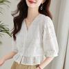 [SYitong] Lace Top, Short Sleeve, Floral Blouse, White, V-Neck, Summer, Embroidery, Cute, Openwork, Fluffy, Figure-Flattering, Slimming, Simple, Styli
