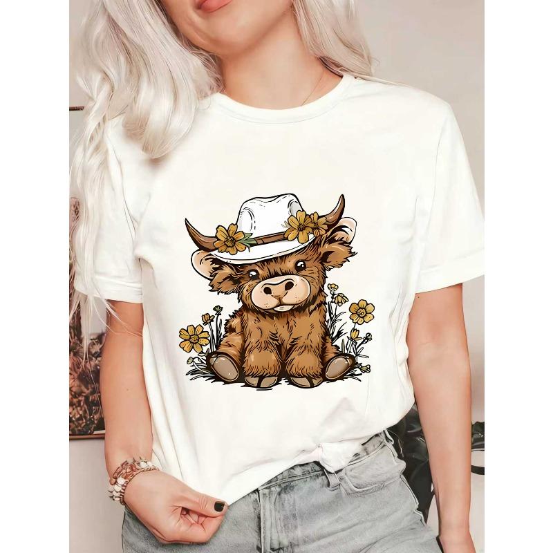 Oversized T Shirt Black Cute Bull Wearing Cowboy Hat With Flowers Print Casual Summer Outfit For Women