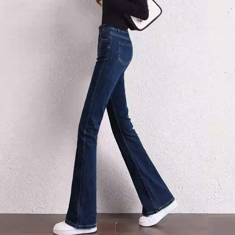 Women's Blue Velvet-Lined High-Waisted Flare Jeans - Plus Size, Slimming Autumn/Winter Style