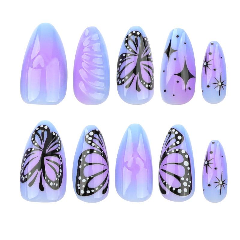 Purple Smudge 3D Love Wearing Nail Short Almond Manicure Fake Nail Butterfly Star Nails Nail Patch