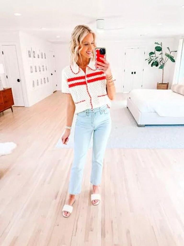 Women's Striped Crochet Knit Cardigan Short Sleeve Button Down Hollow Out Y2K Top