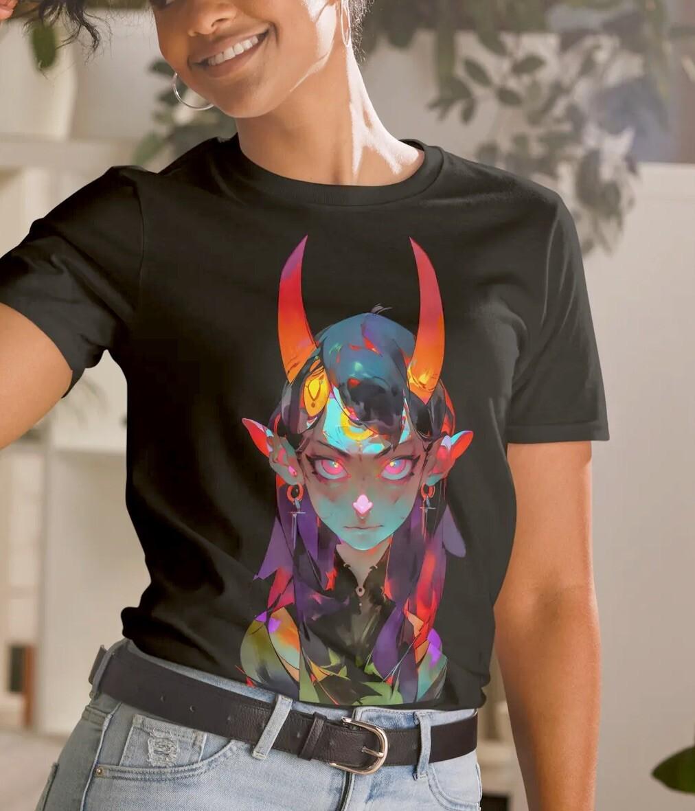 Anime Devil Girl Horns Goth Cyber Punk Short-Sleeve Unisex T-Shirt Mens Womens Tees Top 2XL