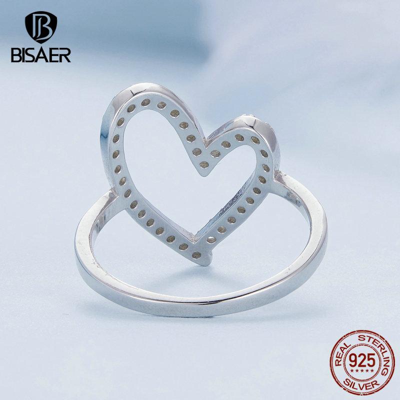 Bisaer 925 Sterling Silver Simple Heart-shaped Finger Ring for Women Anniversary Valentine's Day Gift Cubic Zirconia Jewelry