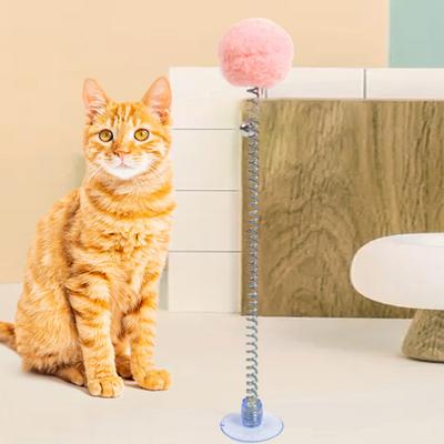 Yousheng Spring-type Cat Teaser with Plush Ball Suction Cup Bottom Wand Toy Cat Stick with Bell Head Entertainments for Indoor Cats