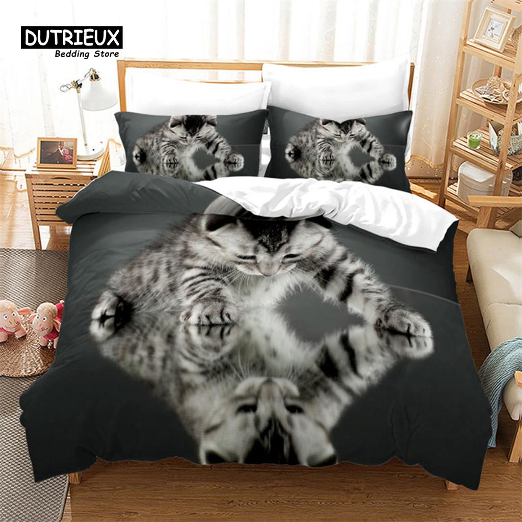 Cute Cartoon Cat Duvet Cover Funny Cats Bedding Set Microfiber Animals Comforter Cover With Pillowcases Twin Full For Kids Teen