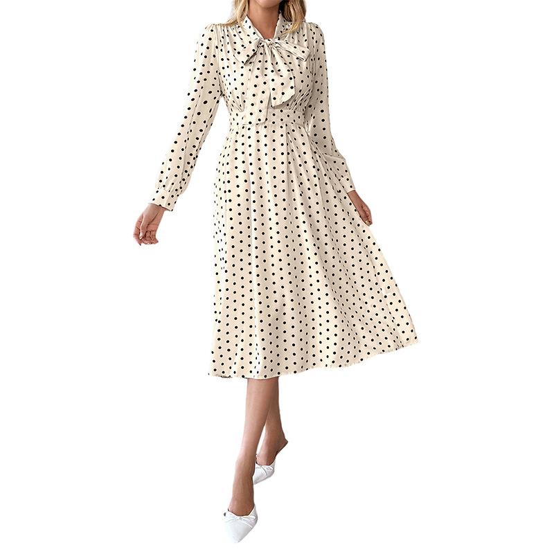 Women's Polka Dots Bow Front Dress Elastic Waist Ruched Flowy Hem Long Sleeve A-Line Midi Wedding Party Dresses