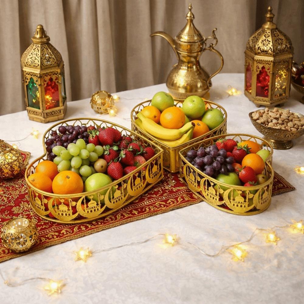 3Pcs Gold Color Ramadan Festival Art Tray Elegant Eid Candy Dish Islamic Holidays