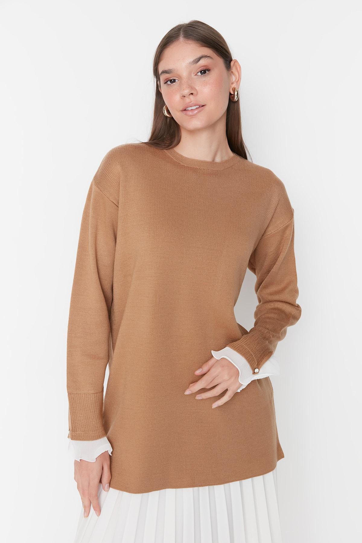 

Camel Sleeves Chiffon Frill Detailed Knitwear Sweater TCTAW23AK00028..
