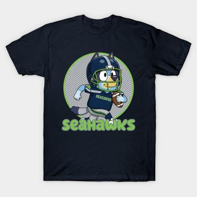 Asian Size Men Black Print T-shirt Seattle Seahawks Bluey Cartoon Football Inspired M11217 No-Cut Heat Transfer Print Cotton Tshirt