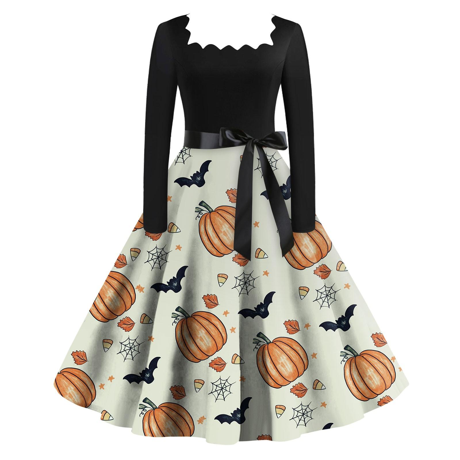 Женское повседневное модное винтажное платье с длинным рукавом и принтом на Хэллоуин — фото 3