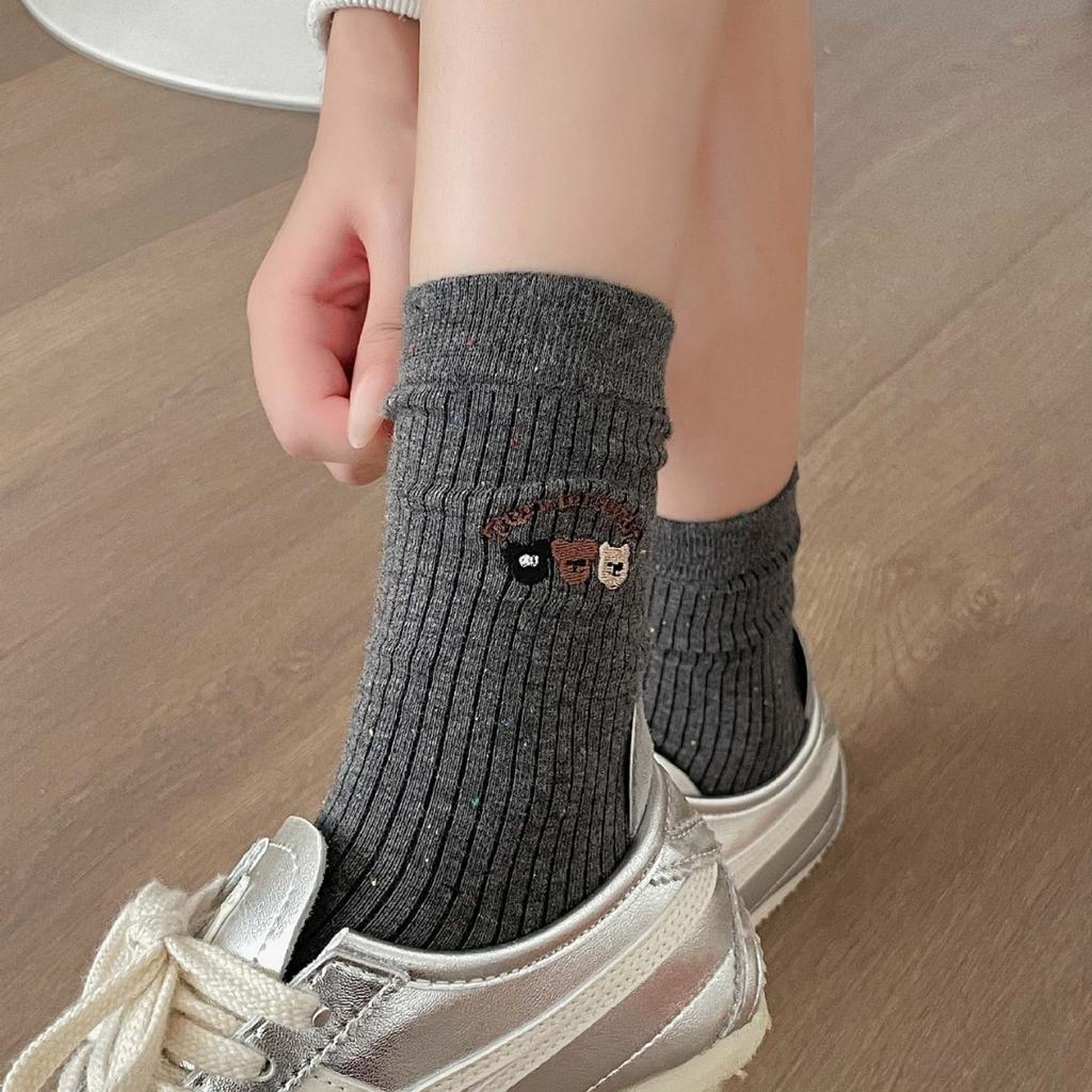 Cartoon Bear Embroidery Socks Spring And Autumn Idea Yarn Versatile Long Pile Socks Casual Versatile