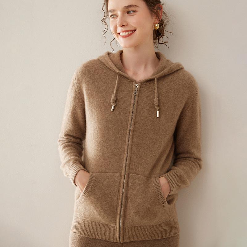 2024 A/W Women's Pure Cashmere Hooded Double Zipper Cardigan - Solid Color, Stylish & Warm.