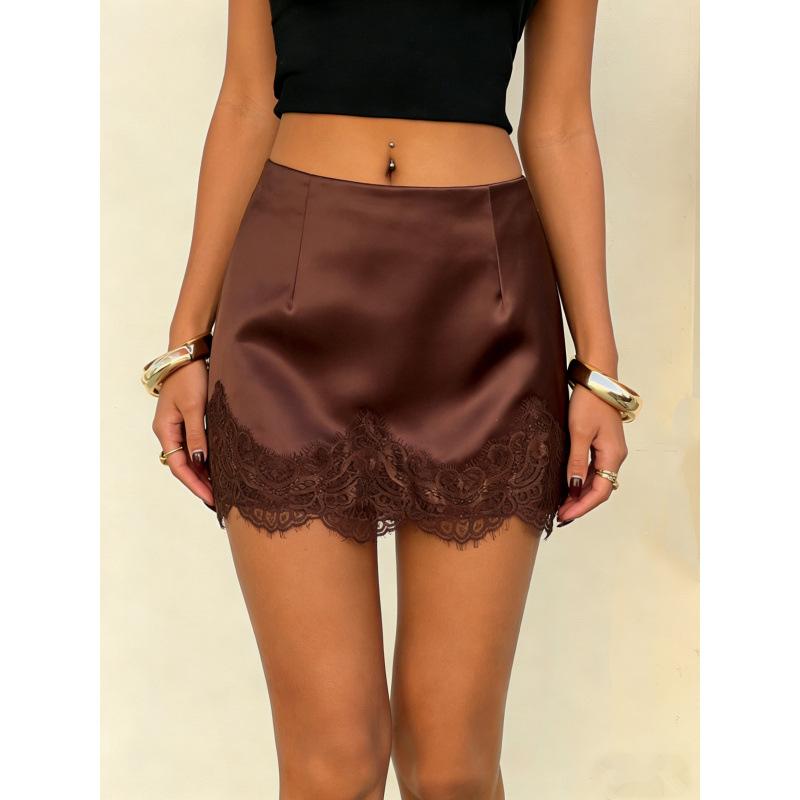 Satin Lace Patchwork Mini Skirt, High Waist Slim A-Line Skirt, Silky Glossy Side Zipper Short Skirt for Spring Summer Pure Y2K Daily Party Outfits