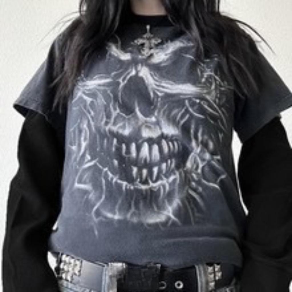 STREETRICH Y2K Grunge Emo Vintage T-shirt 2000s Cross Cyber Goth Patchwork Long Sleeve Tees E-girl Gothic Harajuku Loose Tops Women