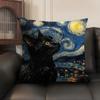 Van Gogh Starry Night Cat Cushion Cover Natural Linen Organic Fabric Double-Sided Printing Sofa Home Decor Gift Pillow Case