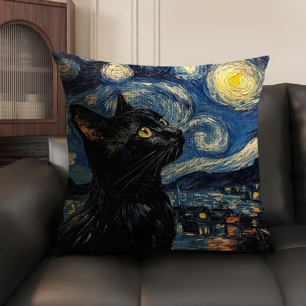 Van Gogh Starry Night Cat Cushion Cover Natural Linen Organic Fabric Double-Sided Printing Sofa Home Decor Gift Pillow Case