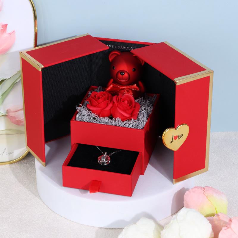 Caixa de Presente Ursinho Porta Dupla: Rosa Preservada e Gaveta de Joias para Aniversários e Dia dos Namorados