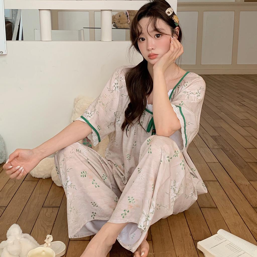 Sweet floral cotton silk pajamas women's summer short sleeves can be worn outside loose loungewear cool and breathable high-end suit