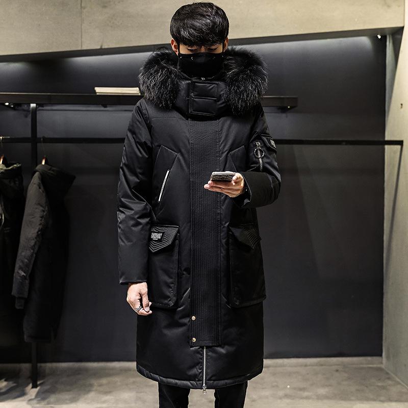 Autumn and Winter Men's Plus Size Warm Zip Section Hooded Fur Collar Padded and Thickened Over The Knee Jacket Casual Outdoor Medium Length Outerwear