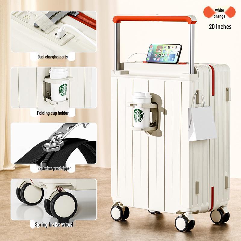 

Женский чемодан-тележка большой вместимости с подстаканником, портом для зарядки и отделкой из кожи - Многофункциональный, ударопрочный дизайн