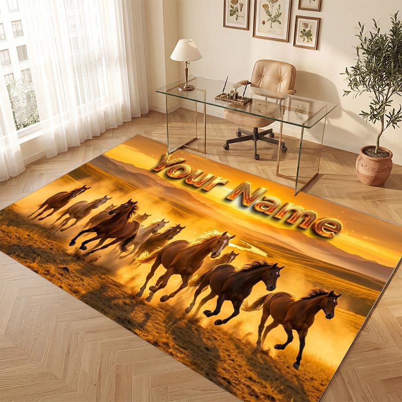 Horse Theme Soft Crystal Velvet Rug Custom Name & Text Print Non Slip Floor Rug for Bedroom Living Room