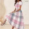 Women Plus Size Round Neck Short Sleeve Abstract Printed A Line Long Dress