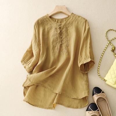 T-shirt da donna a maniche corte con scollo rotondo 4 colori Cotone e lino ricamato industria pesante Tinta unita Design pullover Maglietta piccola
